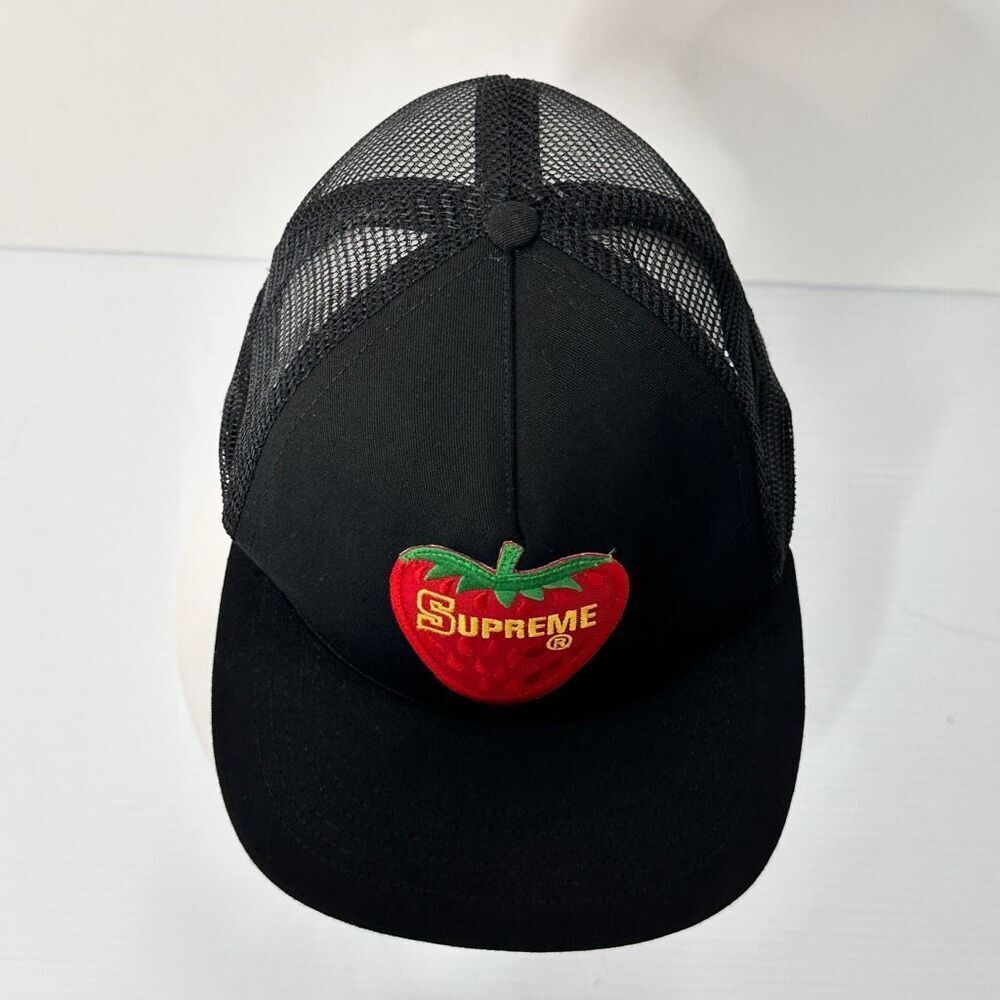 Supreme SS17 Strawberry Mesh Trucker 5-Panel Hat Black Made USA